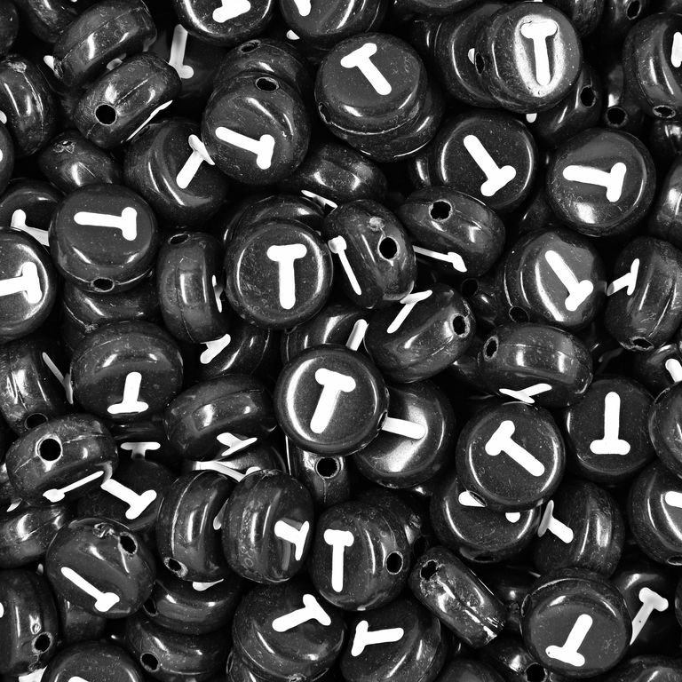 Black plastic bead 7x4 mm with letter T