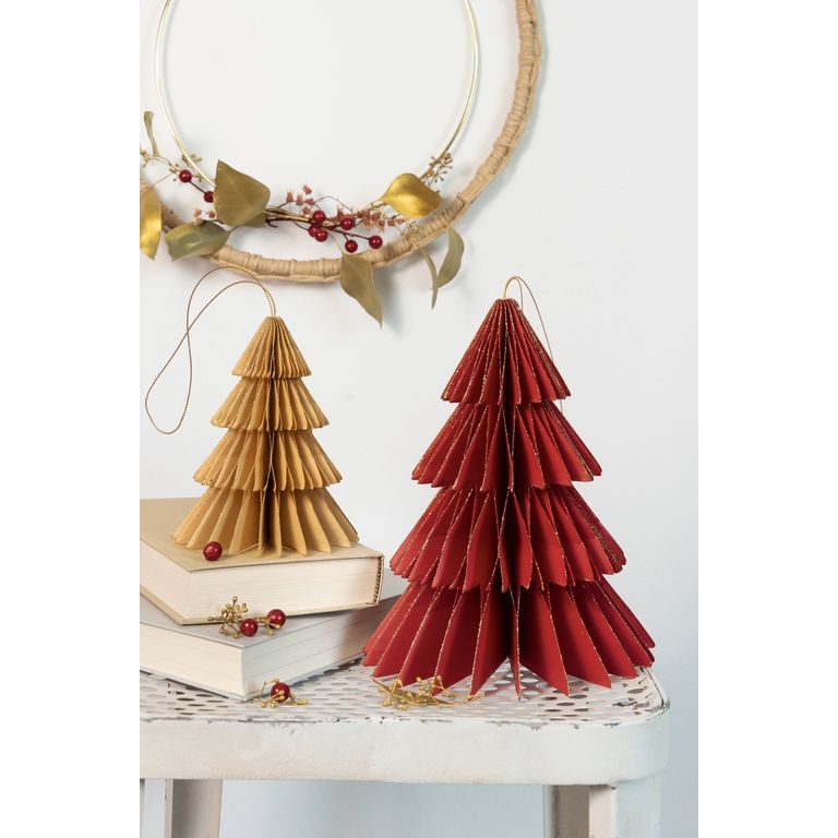 Papierové dekorácie v tvare vianočného stromčeka v červenej a hnedej farbe 2ks