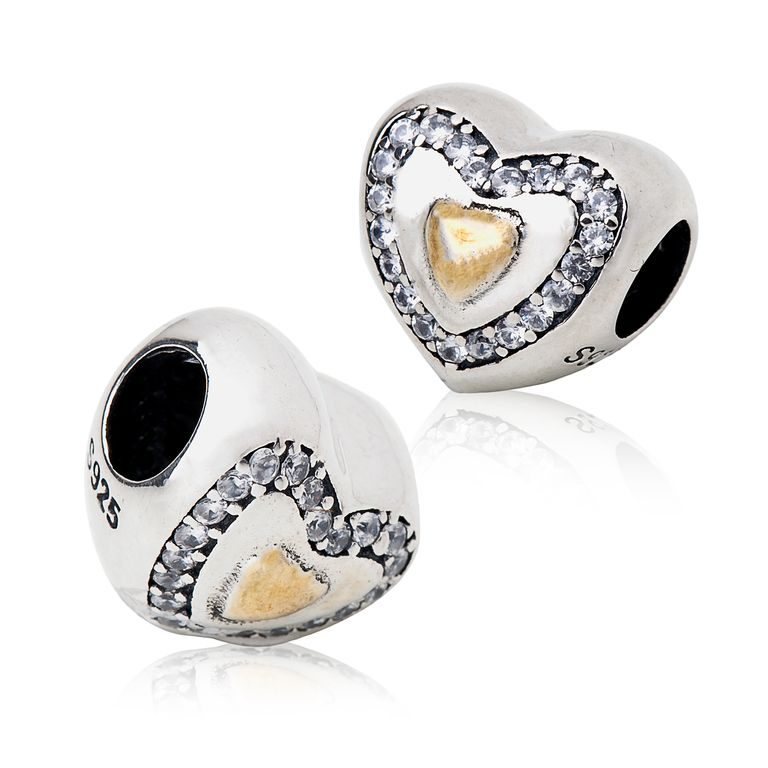 Sterling silver 925 large-hole bead Golden heart with zircons Ag 925