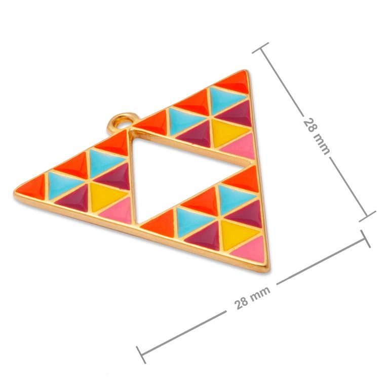 Manumi prívesok trojuholník s vícebarevným geometrickým vzorom 28x28mm pozlátený