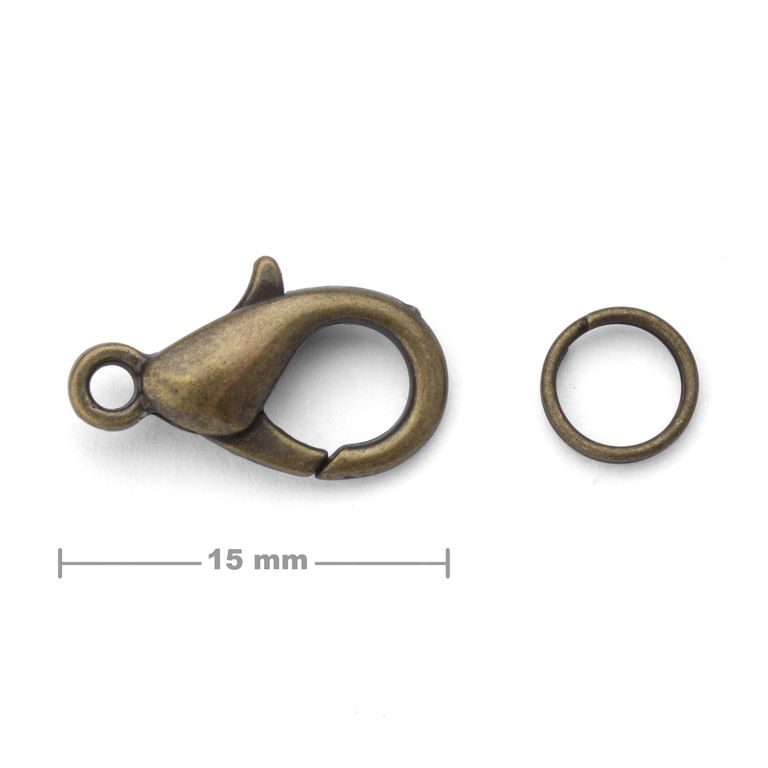 Bižuterní karabinka 15 mm staromosaz