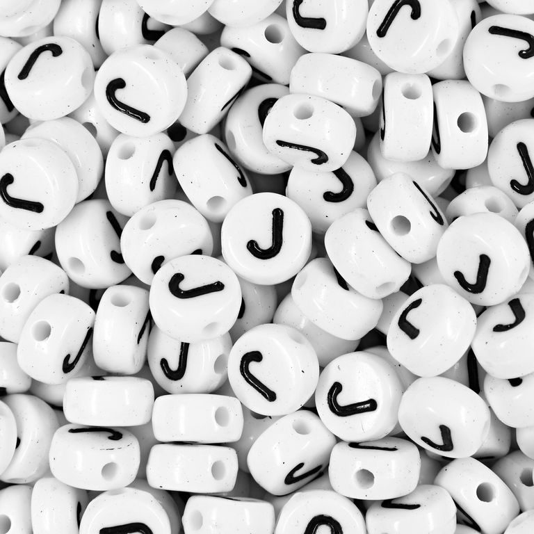 White plastic bead 7x4 mm with letter J