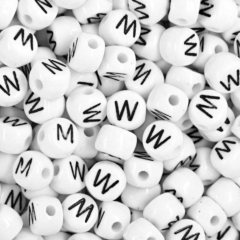 White plastic bead 7x5 mm with letter W