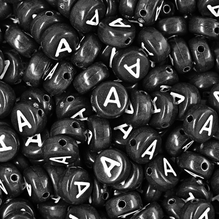 Black plastic bead 7x4 mm with letter A