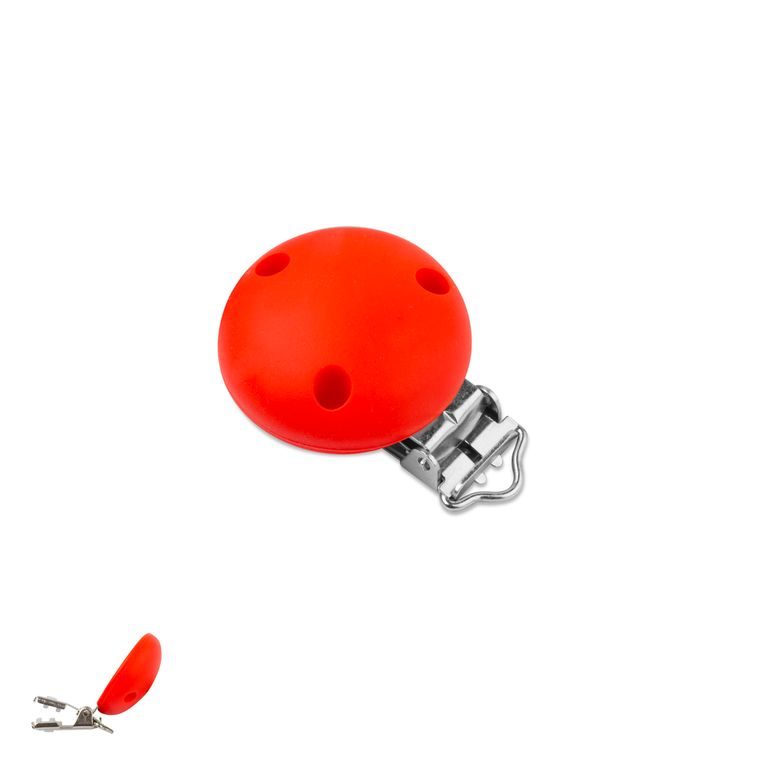 Silikónový klip na cumlík 34mm s 3 dierkami a kovovou sponou Coral Red