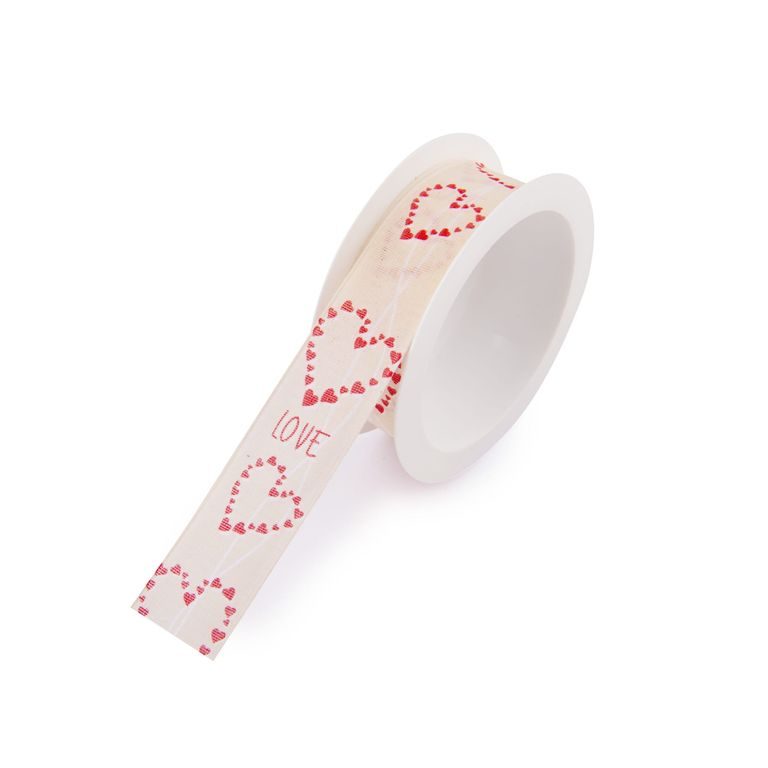 Taffeta gift ribbon cream with red hearts 25mm/2m