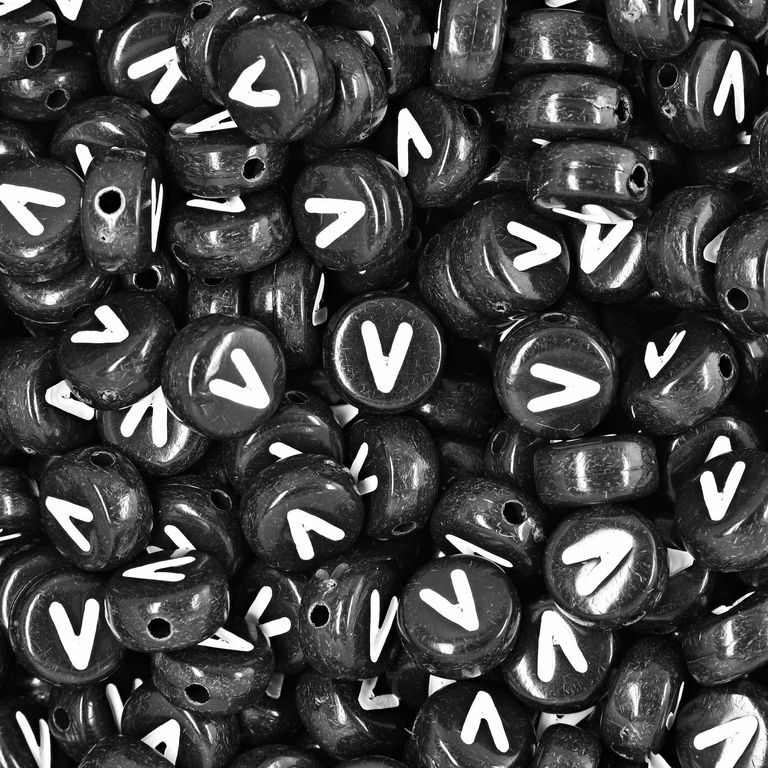 Black plastic bead 7x4 mm with letter V