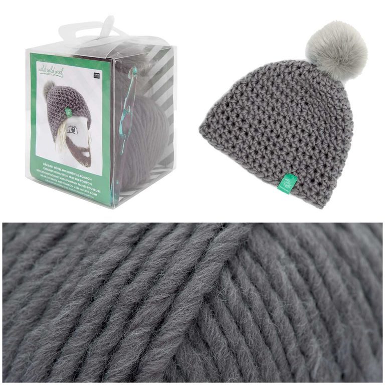 Rico design sada na výrobu šedé háčkované čepice s bambulí