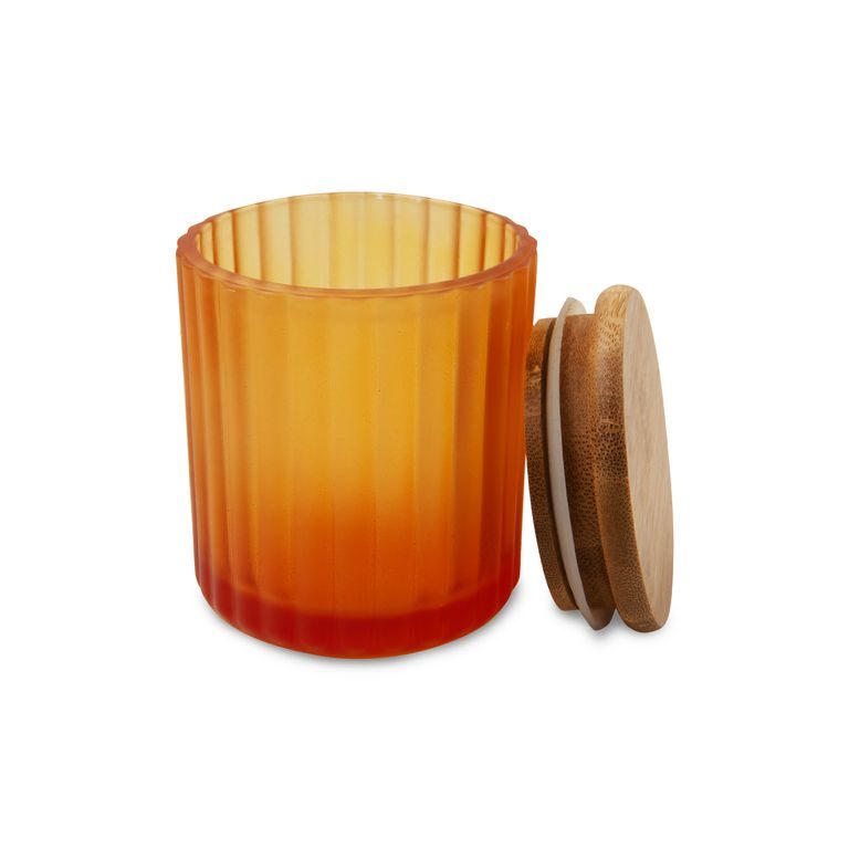 Skleněná nádoba na svíčku s bambusovým víčkem 87 x 72 mm matná oranžová
