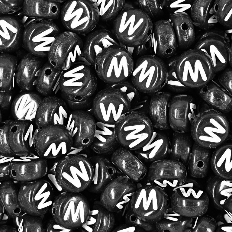 Black plastic bead 7x4 mm with letter W