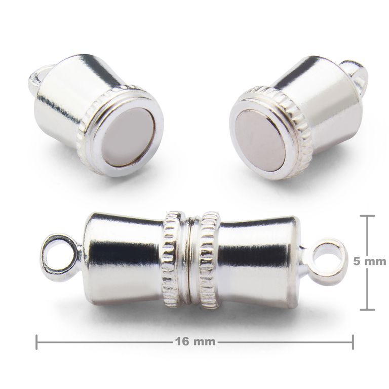 Magnetic clasp cylinder with loops 16x5mm in the colour of silver
