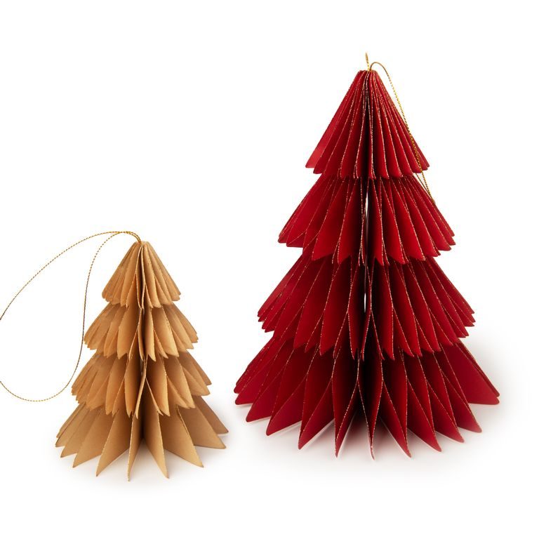 Papírové dekorace ve tvaru vánočního stromečku v červené a hnědé barvě 2ks