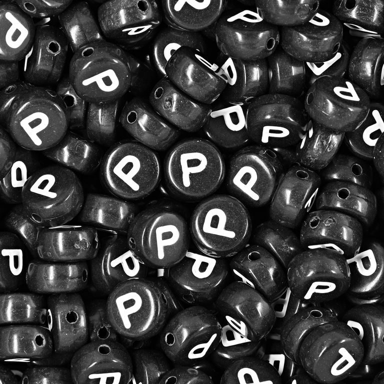 Black plastic bead 7x4 mm with letter P