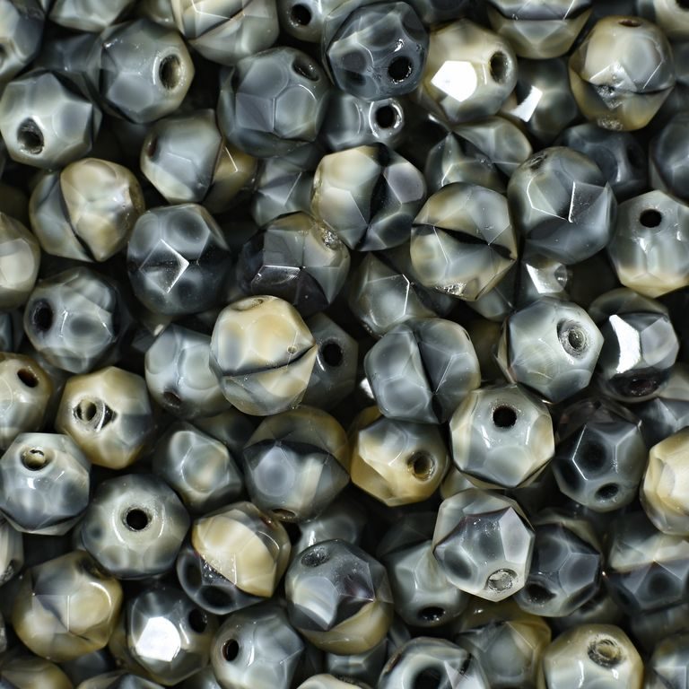 Glass fire polished beads 6mm Gray White Black Swirl