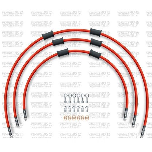 STANDARD FRONT BRAKE HOSE KIT VENHILL POWERHOSEPLUS SUZ-7009FS-RD (3 HOSES IN KIT) RED HOSES, STAINLESS STEEL FITTINGS