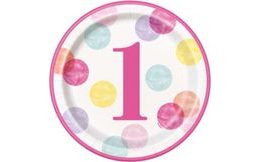Talíře 1. narozeniny růžové s puntíky 8 ks