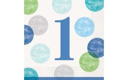 Ubrousky 1. narozeniny modré s puntíky 16 ks