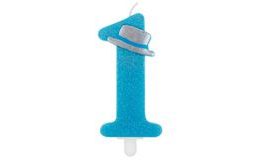 Svíčka 1. narozeniny chlapeček - modrá třpytivá s kloboukem - 9 cm