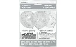 Balónky 6 ks 30 cm - průhledné s konfety stříbrnými