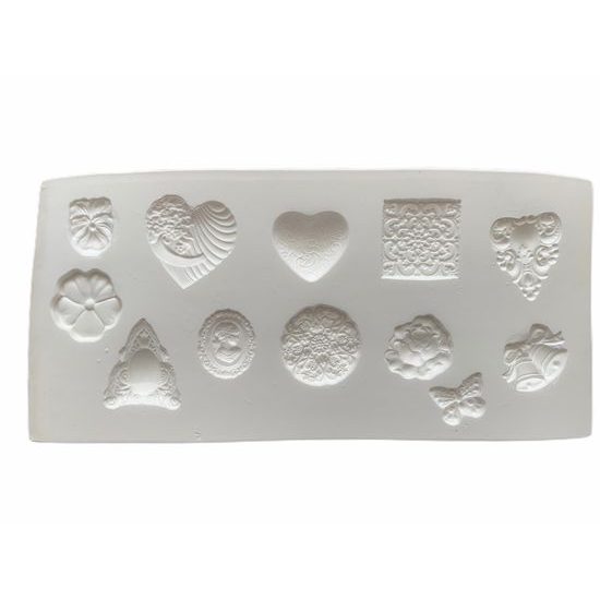 Silicone mould 12 embellishments - hearts, filigree, bells, butterfly, flowers...