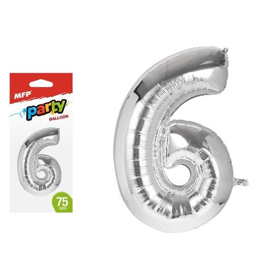 balónek č. 6 nafukovací fóliový 75 cm - stříbrný 8000167