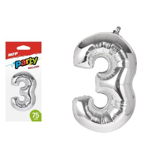 balónek č. 3 nafukovací fóliový 75 cm - stříbrný 8000164