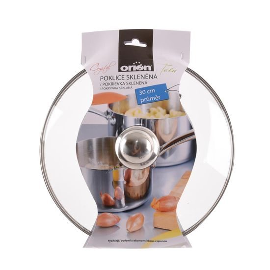 Skleněná poklice pr. 30 cm s nerez úchytom