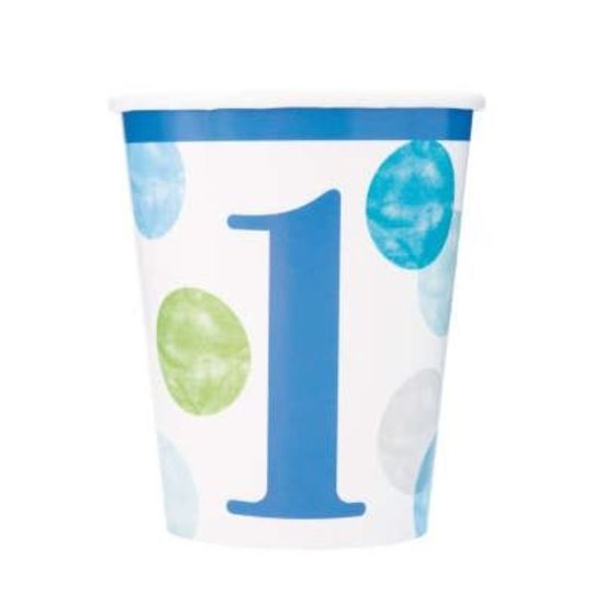 Paper cups 1st birthday blue with dots 270 ml, 8 pcs