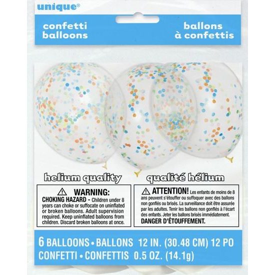 Balónky 6 ks 30 cm - průhledné s konfety barevnými