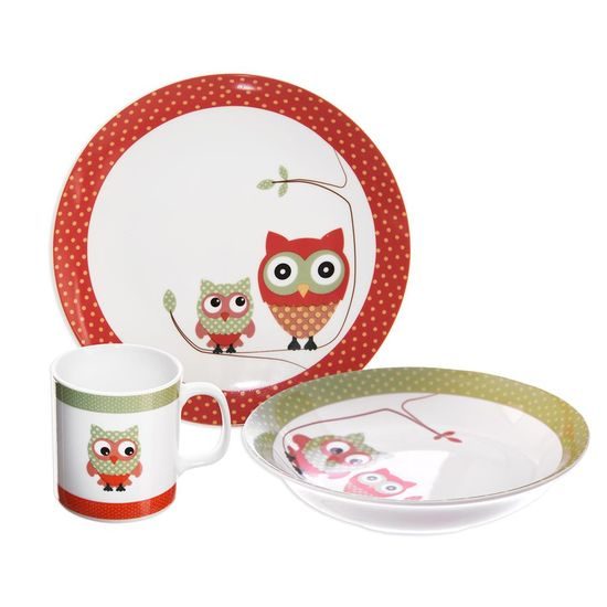 Porcelain dining set for children with owl motif - 3 pcs