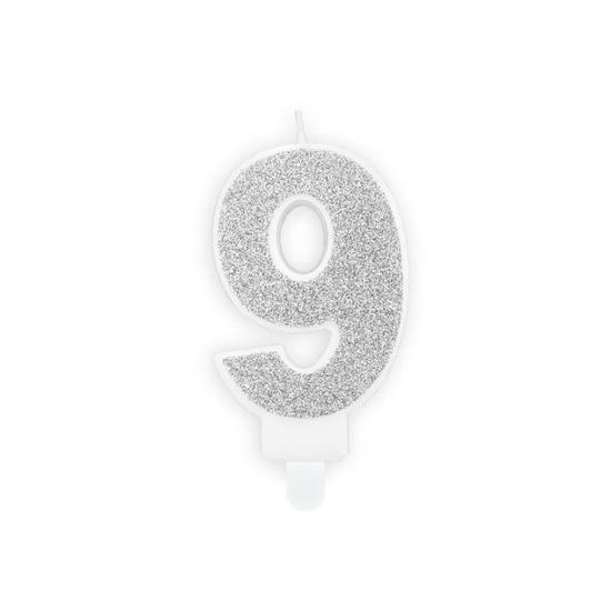 Narozeninová svíčka 9, stříbrná, 7 cm