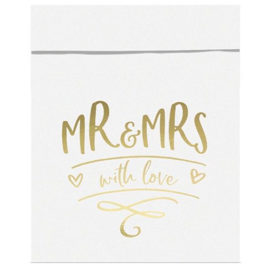 Papierové vrecká na sladkosti Mr&Mrs biele - svadobné -13 x 14cm - 6 ks