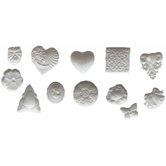 Silicone mould 12 embellishments - hearts, filigree, bells, butterfly, flowers...