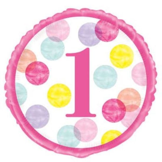 Balón foliový 1. narozeniny růžový s puntíky - 45 cm