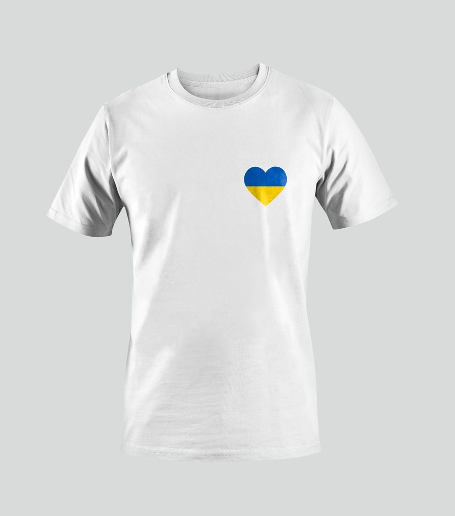 GOOD MASK International - T-shirt SMALL UKRAINIAN HEART white - SOS UKRAINE  - T-shirts - SOS Ukraine - Producer of High Quality Masks