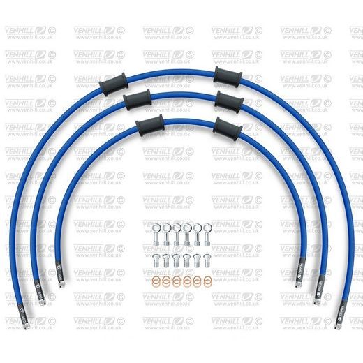 STANDARD FRONT BRAKE HOSE KIT VENHILL POWERHOSEPLUS HON-3001F-SB (3 HOSES IN KIT) SOLID BLUE HOSES, CHROMED FITTINGS