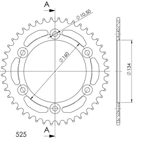 REAR ALU SPROCKET SUPERSPROX RAL-1307:44-BLK CRNI 44T, 525