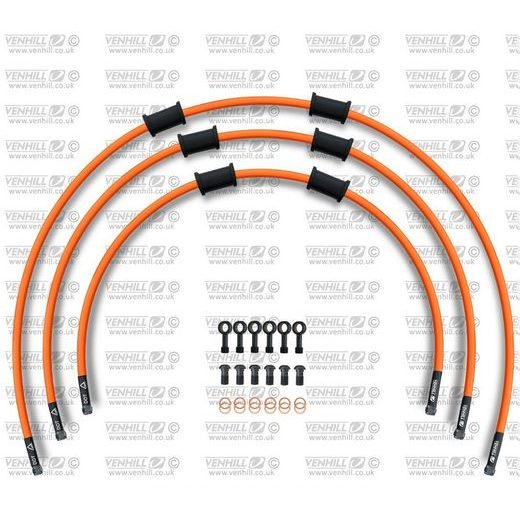 STANDARD FRONT BRAKE HOSE KIT VENHILL POWERHOSEPLUS TRI-9004FB-OR (3 HOSES IN KIT) ORANGE HOSES, BLACK FITTINGS