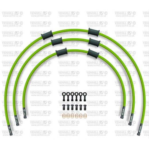 STANDARD FRONT BRAKE HOSE KIT VENHILL POWERHOSEPLUS KAW-15003FB-GR (3 HOSES IN KIT) GREEN HOSES, BLACK FITTINGS