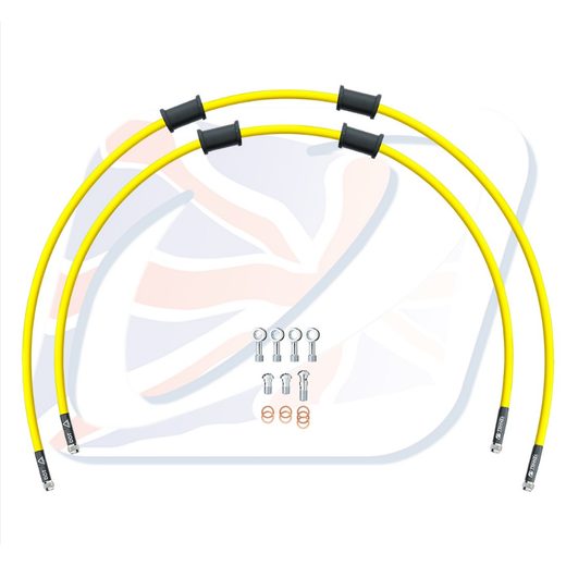 CROSSOVER FRONT BRAKE HOSE KIT VENHILL POWERHOSEPLUS SUZ-7021F-YE (2 HOSES IN KIT) YELLOW HOSES, CHROMED FITTINGS