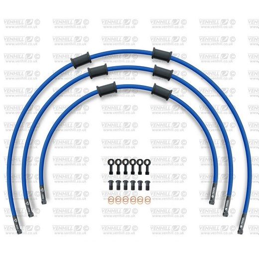 STANDARD FRONT BRAKE HOSE KIT VENHILL POWERHOSEPLUS KAW-9003FB-SB (3 HOSES IN KIT) SOLID BLUE HOSES, BLACK FITTINGS