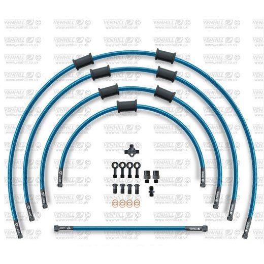 STANDARD FRONT BRAKE HOSE KIT VENHILL POWERHOSEPLUS SUZ-7001FB-TB (5 HOSES IN KIT) TRANSLUCENT BLUE HOSES, BLACK FITTINGS