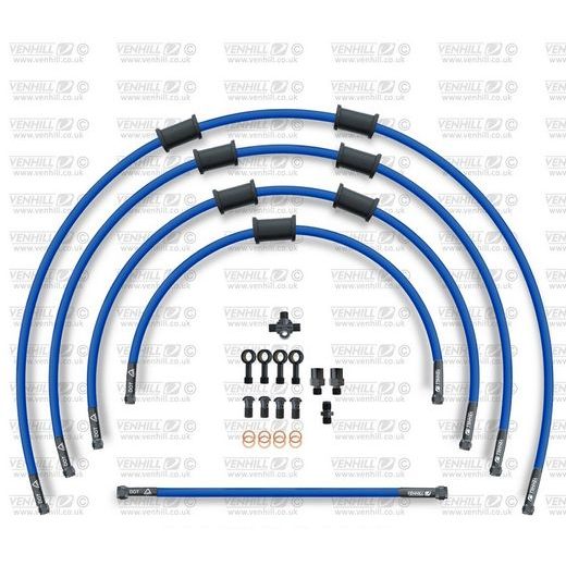 STANDARD FRONT BRAKE HOSE KIT VENHILL POWERHOSEPLUS KAW-10002F-SB (5 HOSES IN KIT) SOLID BLUE HOSES, CHROMED FITTINGS