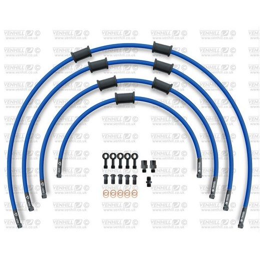 STANDARD FRONT BRAKE HOSE KIT VENHILL POWERHOSEPLUS KAW-10026F-SB (4 HOSES IN KIT) SOLID BLUE HOSES, CHROMED FITTINGS