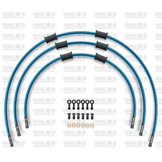 STANDARD FRONT BRAKE HOSE KIT VENHILL POWERHOSEPLUS SUZ-12001FB-TB (3 HOSES IN KIT) TRANSLUCENT BLUE HOSES, BLACK FITTINGS