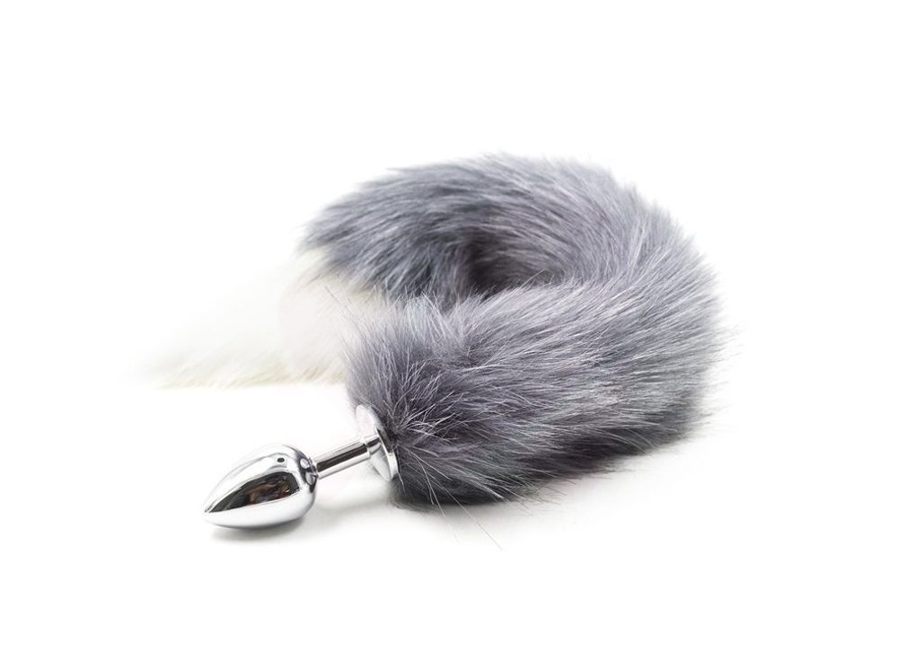 Kovový anální kolík s liščím ocáskem, šedý