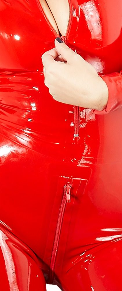 Latexový dámský catsuit s předním zipem a dlouhým rukávem - Obrázek 7