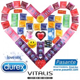 Maxi Balíček 55 kondomů Durex Pasante a Vitalis + lubrikační gel Durex + vibrační kroužek