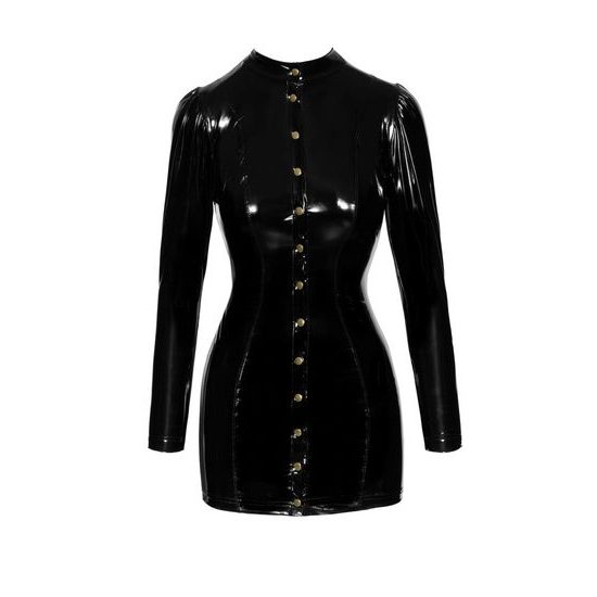 Noir Handmade F246 Short PVC Dress Fastened in the Front with Gold Clasps
