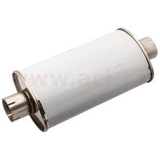 UNIVERZÁLNÍ TLUMIČ OVÁLNÝ VSTUP/VÝSTUP NA STŘEDU, PRŮMĚR TĚLA 115/185, DÉLKA TĚLA 420MM, VNITŘNÍ PRŮMĚR 63MM NEREZ